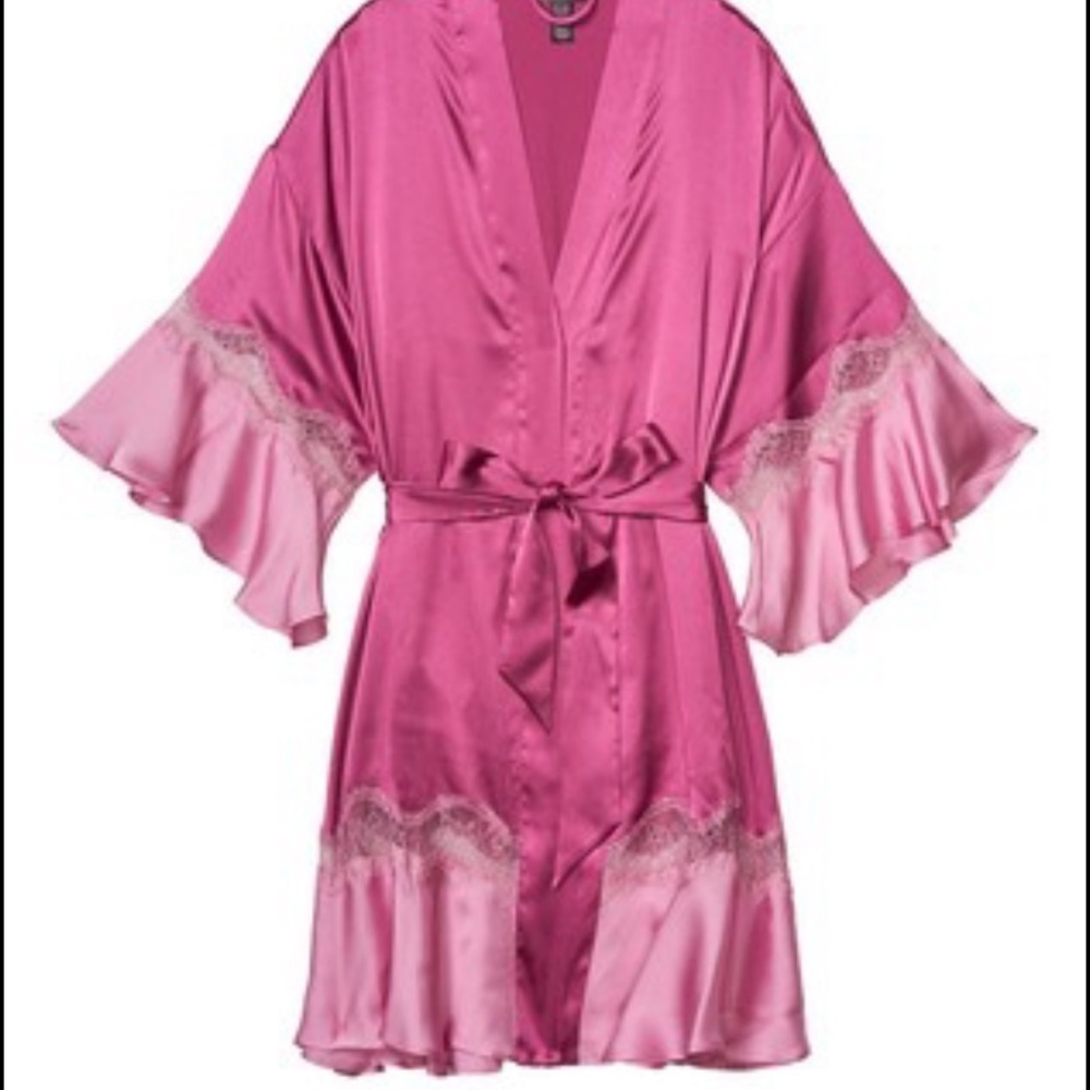 Victoria's Secret Flounce Dressing Gown Robe Kimono Lace Ruffle Satin XS Small